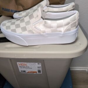 Unisex Slip-On Checkerboard Sneakers in Cream and White